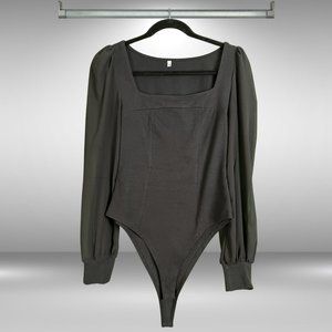 Black Sheer Balloon Sleeve Bodysuit with Sweetheart Neckline